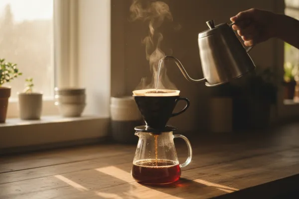 Hand pouring hot water from a kettle into a pour-over dripper